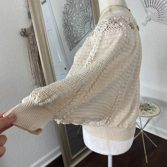 Boho Coquette Knit Cream White Boho Flower Crochet Bat Sleeve Boxy Top One Size - Picture 5 of 7
